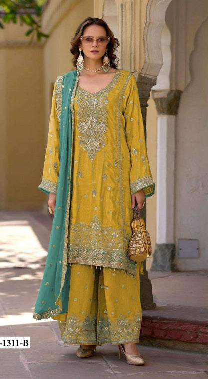 Anaita Yellow Heavy Chinon Suit With Embroidery Bits Work - Distacart