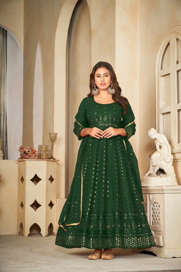 Jyoti Fashion Women's Green Georgette Embroidered Anarkali Kurta Pant Set With Dupatta - Distacart