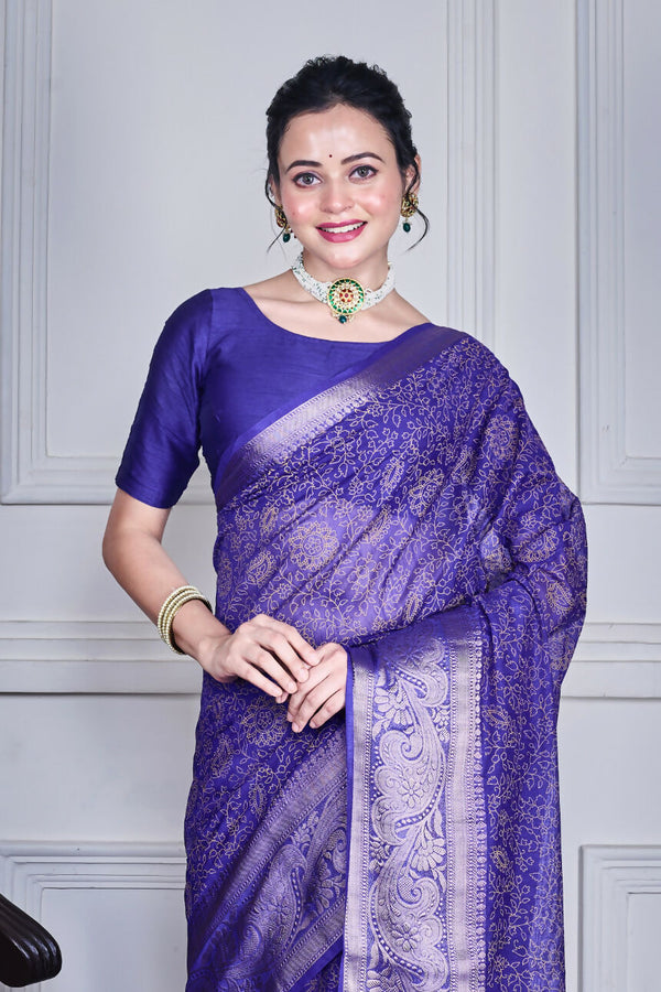 Morchari Dark Blue Script Printed Orzanga Saree Unstitched Blouse