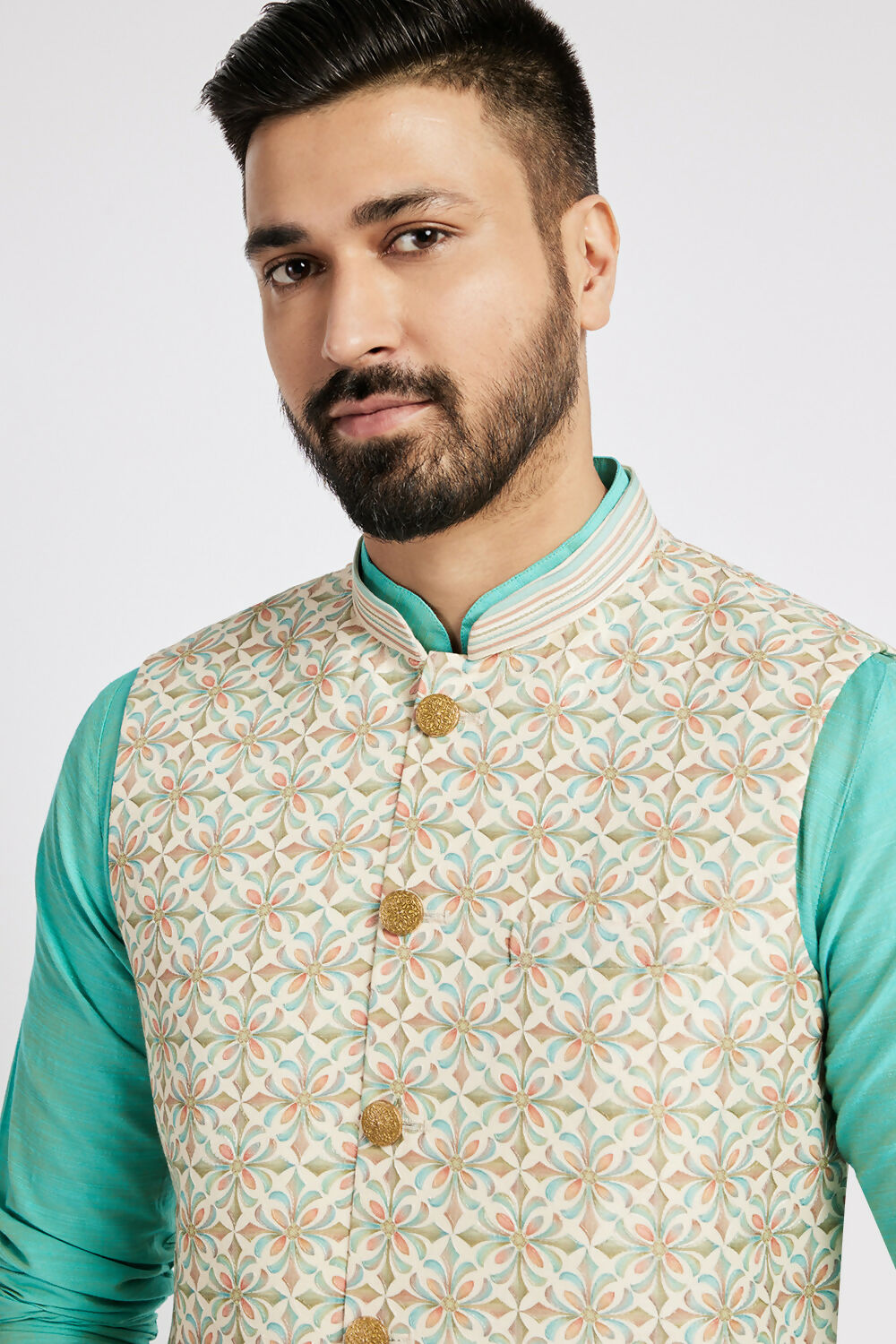 Ethnic India Light Blue Bundi Men's Jacket Abstract Polyester - Distacart