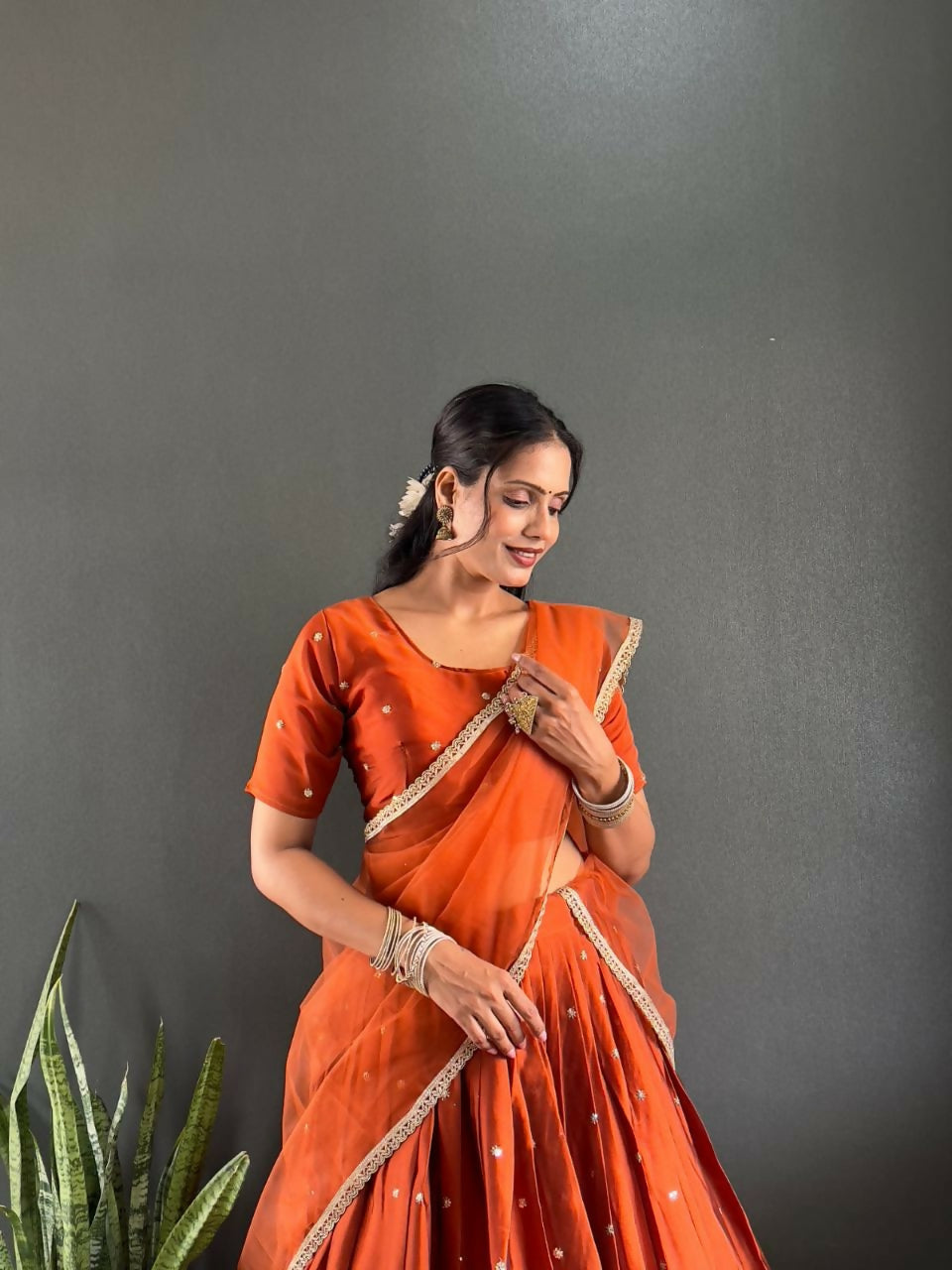 Teeya Creation New Trendy Stylist South Style Lehenga Choli Set - Orange - Dista