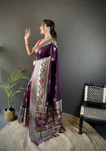 Thumbnail for Joban Fashion Wine Elephant & Floral Motifs Soft Lichi Silk Banarasi Saree - Distacart