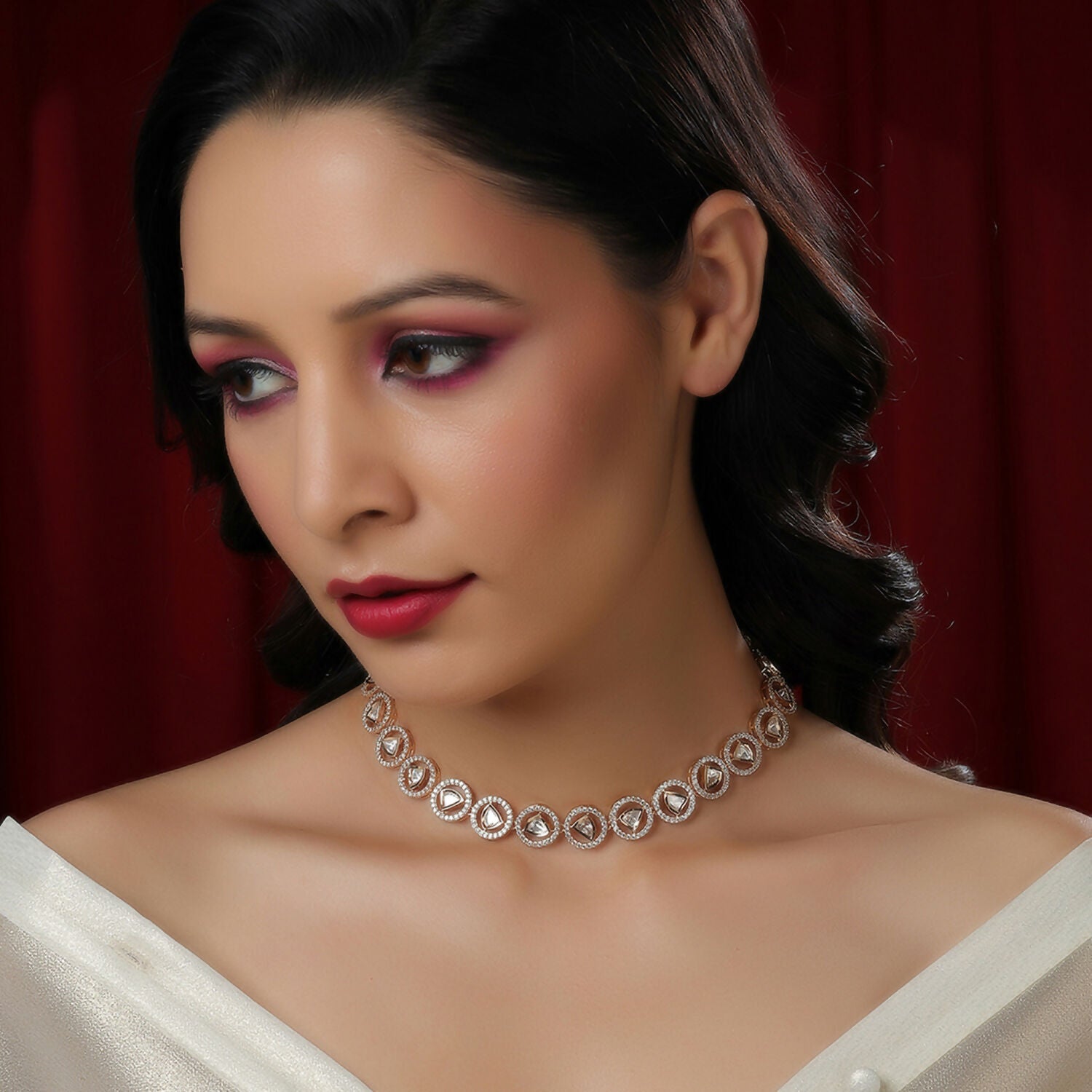 Patti Shapped Kundan and Round Diamond Neckpiece (Gold) - Ruby Raang - Distacart