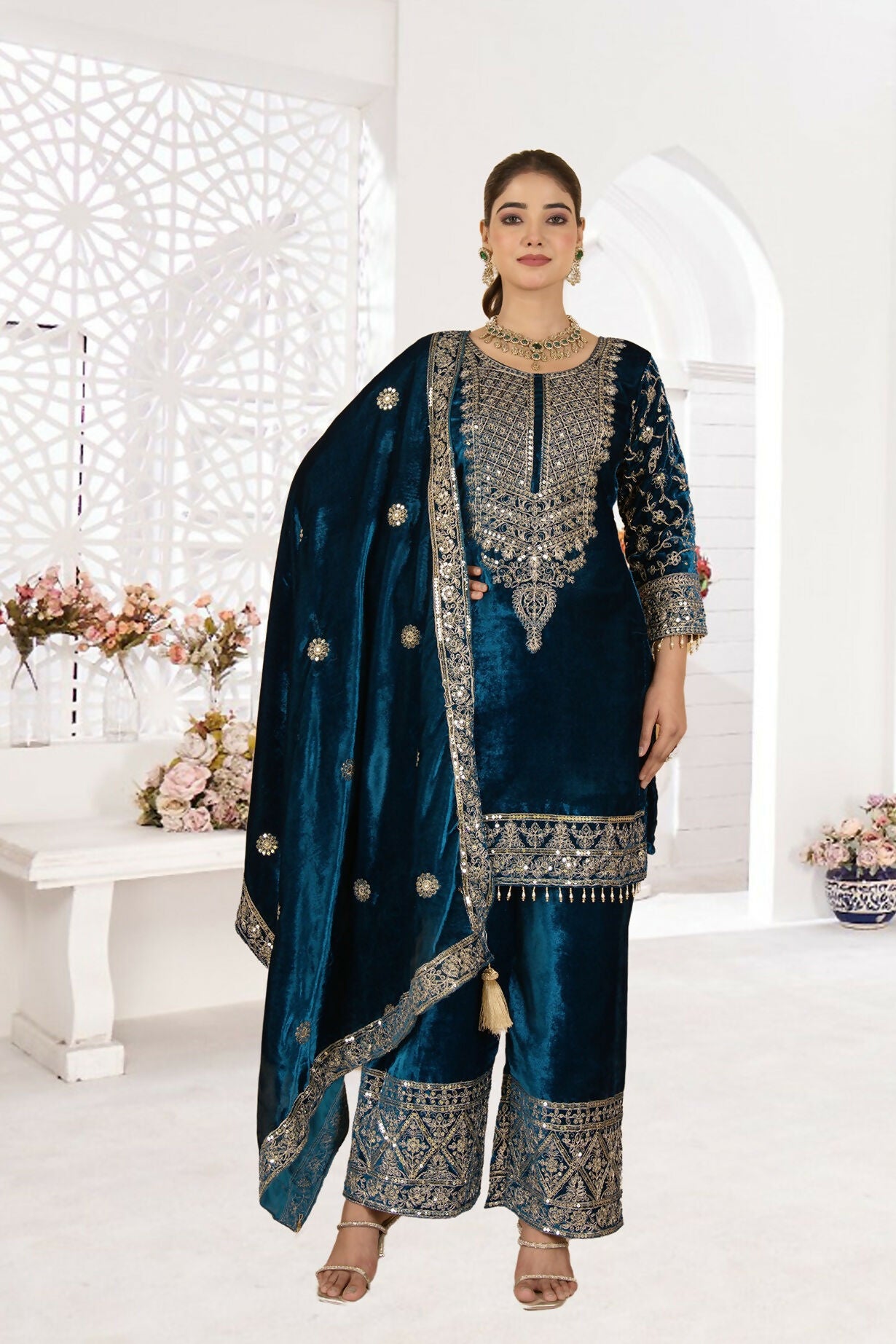 Joban Fashion Blue Velvet Sequence Embroidery Work Kurta Set