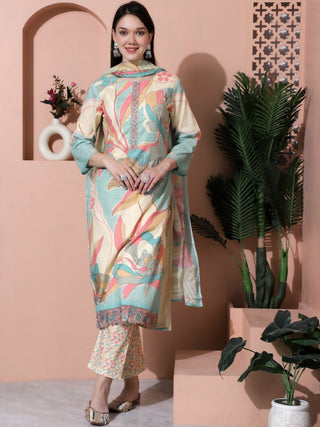 Jyoti Fashion Women's Multicolor Cotton Floral Digital Print & Floral Embroidered Cutwork Border Sequins Work Kurta with Trouser & Dupatta - Distacart