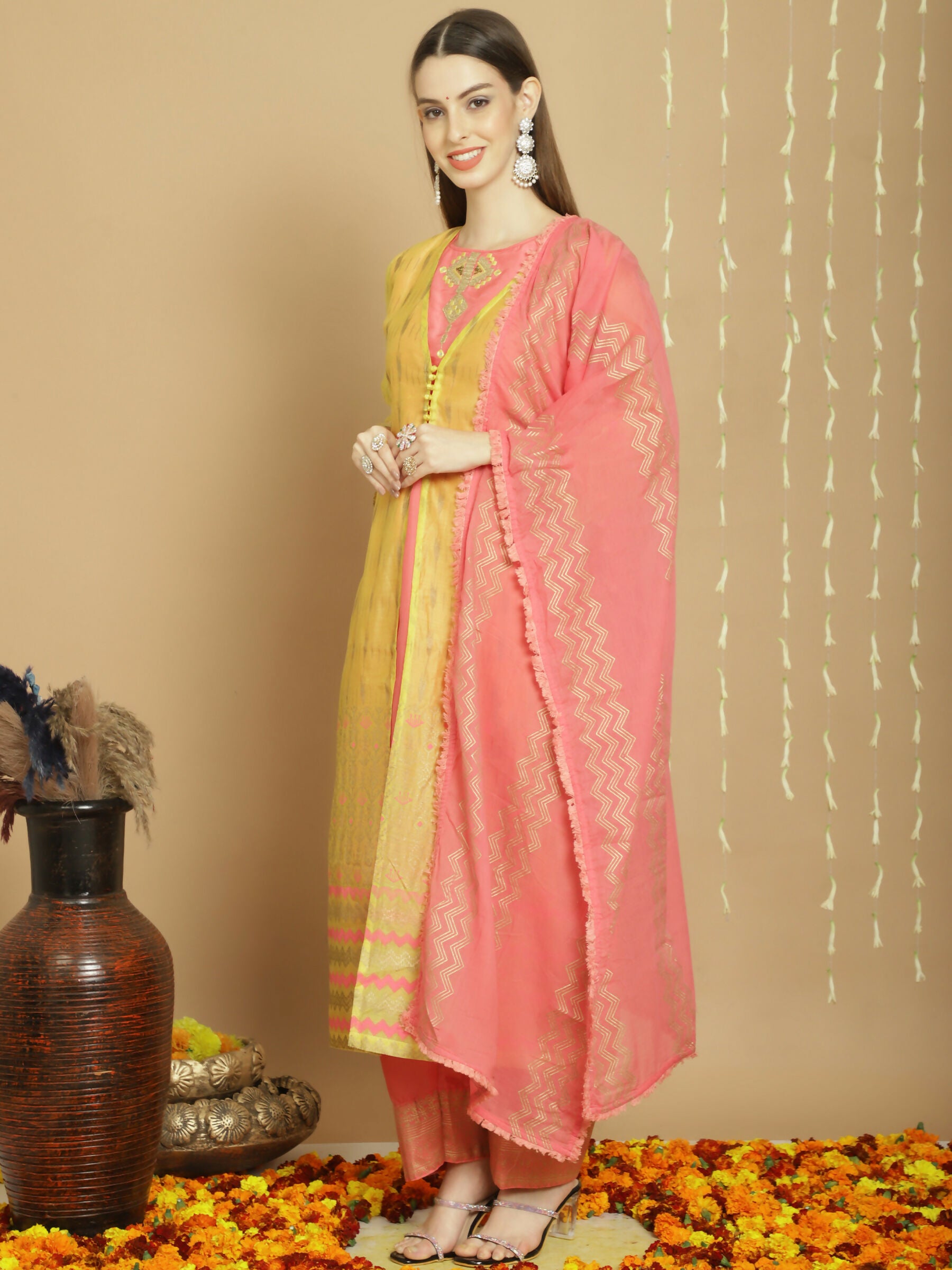 Jyoti Fashion Women's Yellow Chanderi Silk Elegant Jardoshi Semi Kurta with Trouser & Dupatta - Distacart