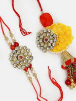 Thumbnail for NVR Women & Men Set of 2 Red & Gold-Toned Stone-Studded & Beaded Bhaiya Bhabhi Rakhi With Roli Chawal - Distacart