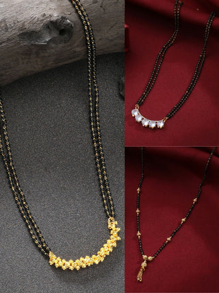NVR Women's Set of 3 Gold-Polished CZ Stone-Studded & Beaded Mangalsutra