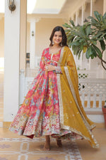 Thumbnail for Jyoti Fashion Women's Pink & Yellow Russian Silk Sequins Zari Embroidery Anarkali Dress with Dupatta - Distacart
