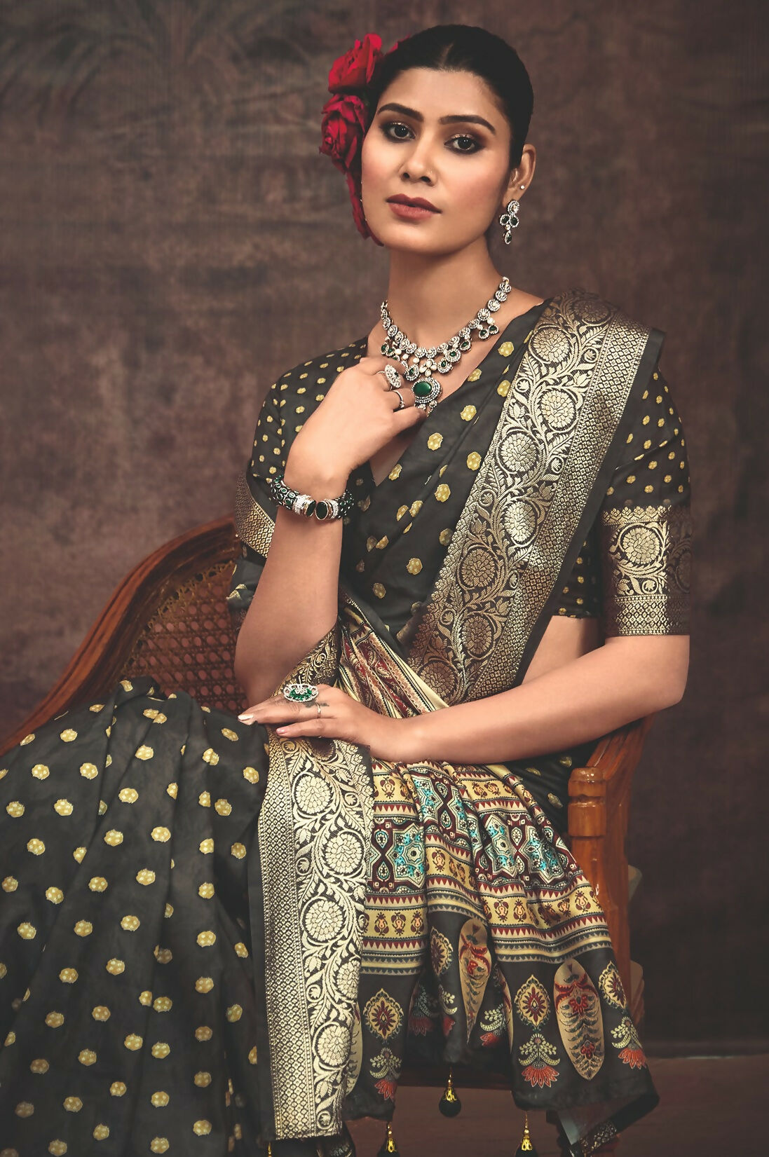 Joban Fashion Black Art Silk With Fine Viscose Border Ajrak Full Body Print With Soft Finish Saree