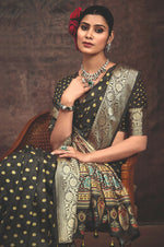 Thumbnail for Joban Fashion Black Art Silk With Fine Viscose Border Ajrak Full Body Print With Soft Finish Saree