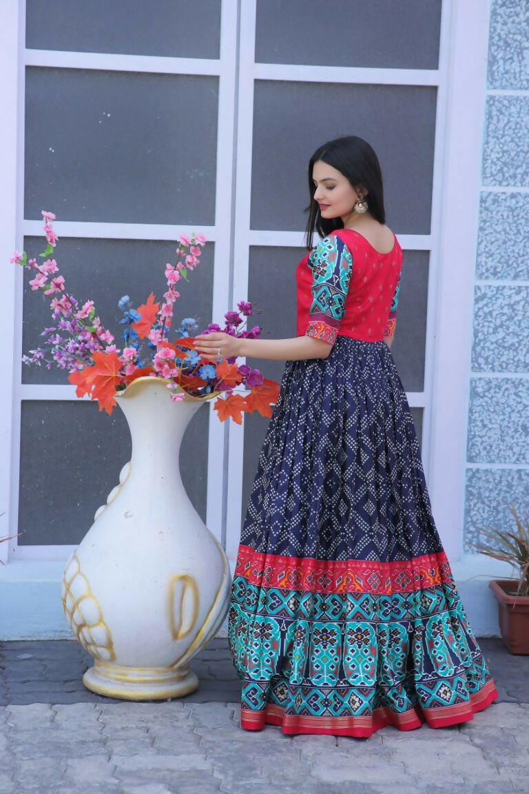 Jyoti Fashion Women's Navy Blue Patola with Foil Print Dola Silk Anarkali Dress - Distacart