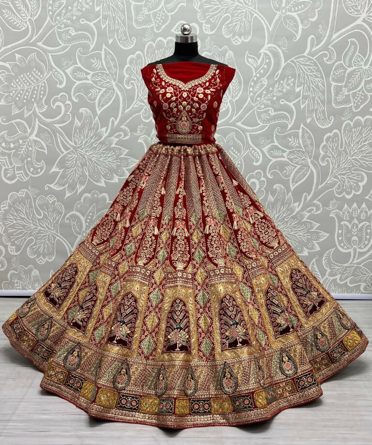 Jyoti Fashion Women's Red Velvet Fancy Dori, Zari with Multi Thread Embroidered Wedding Lehenga Choli - Distacart