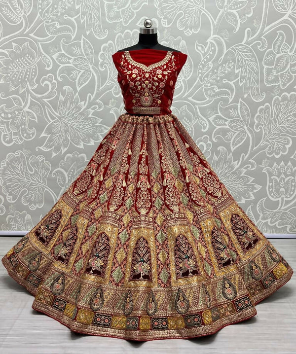 Jyoti Fashion Women's Red Velvet Fancy Dori, Zari with Multi Thread Embroidered Wedding Lehenga Choli - Distacart