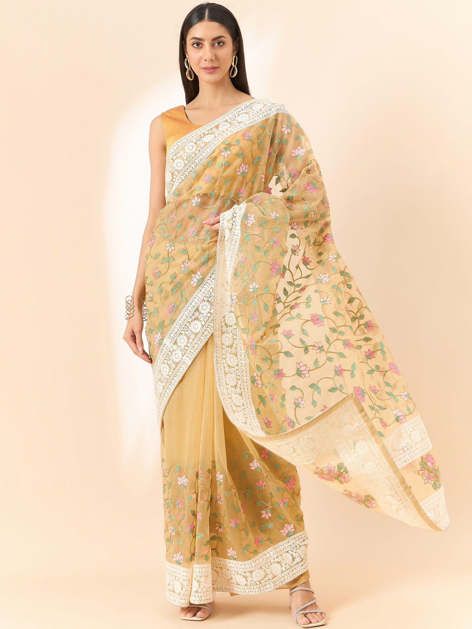 Beige Organza Floral Embroidered Saree with Unstitched Blouse Piece - Roozal - Distacart