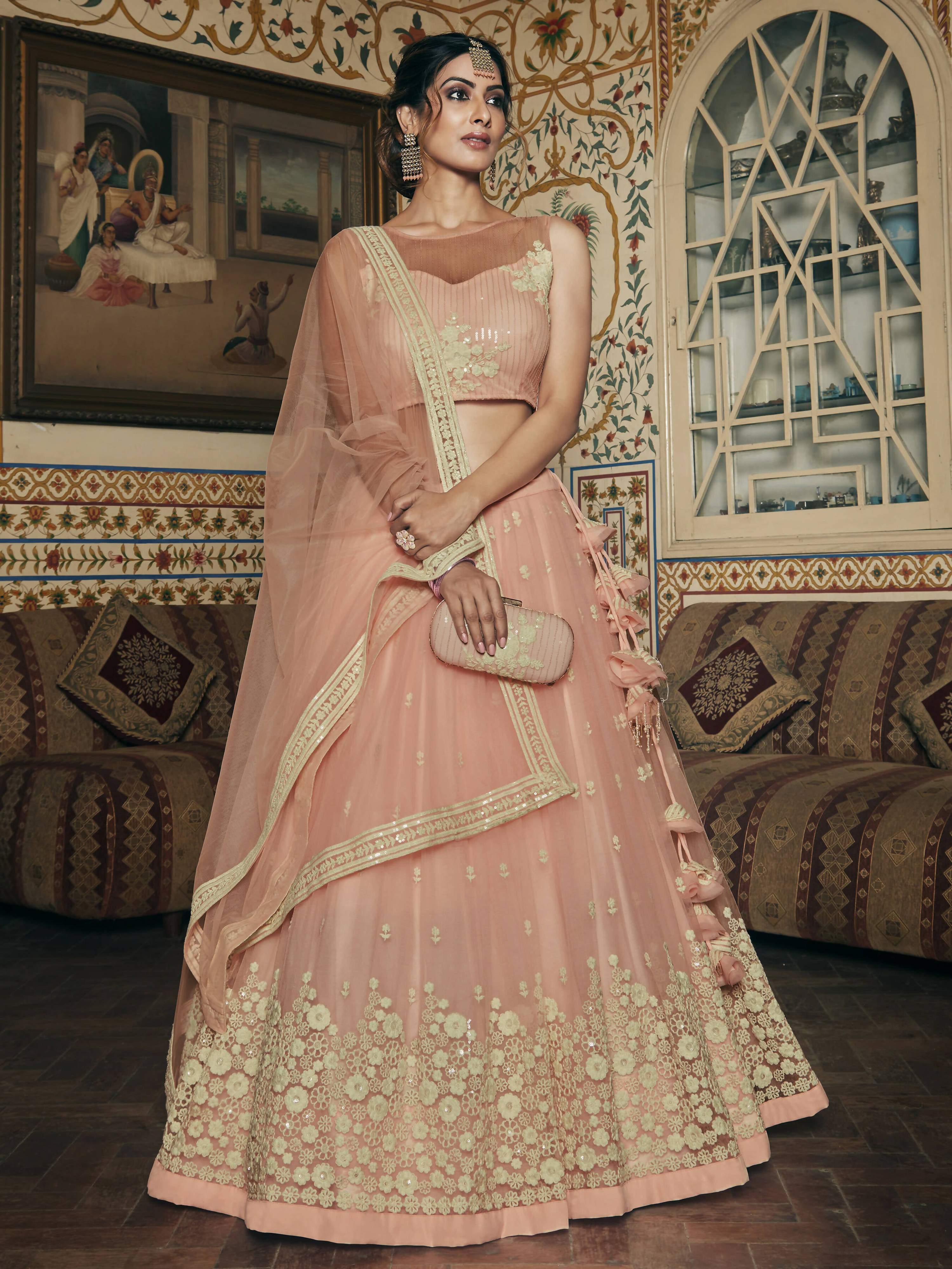 Wedding Designer Sequene Zari Resham Embroidery Peach Net Lahengha Choli - Anbazaar - Distacart