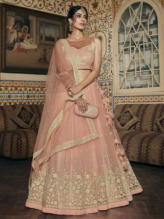 Wedding Designer Sequene Zari Resham Embroidery Peach Net Lahengha Choli - Anbazaar - Distacart