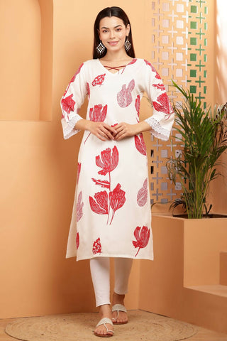 Cheera Women Stylish Hand Block Printed Cotton Blend Flared Kurta - Off White - Distacart