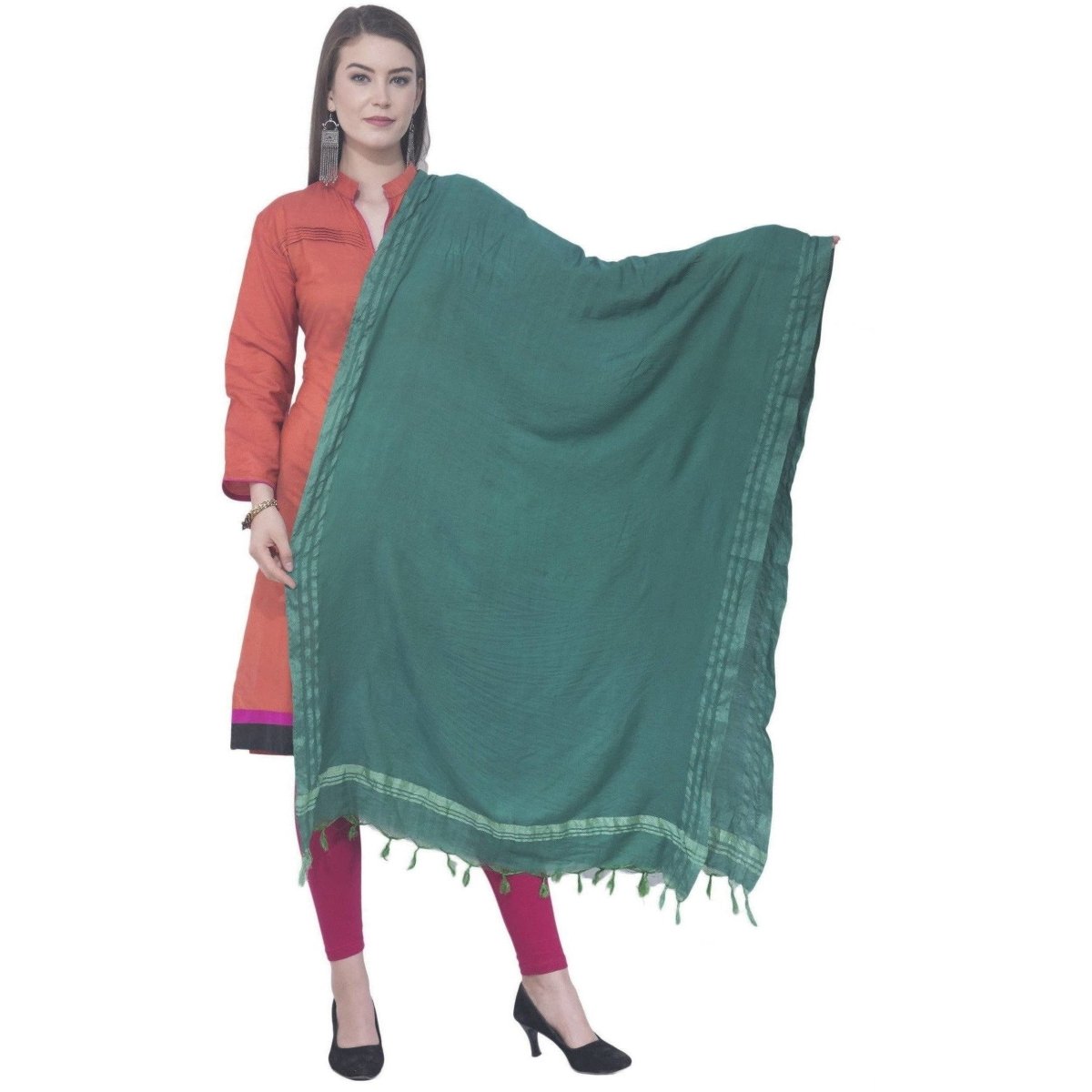 A R SILK Rama green Color Golden border Cotton Dupattas and Chunnis