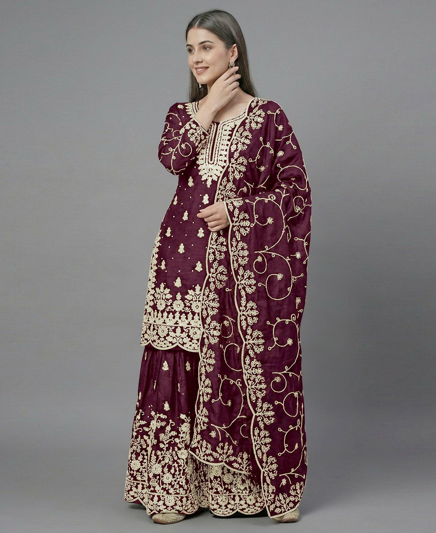 Teeya Creation Womens New Trendy Pure Gmy Silk With Heavy Embroidery Sequence Work Purple Kurta Set - Dista