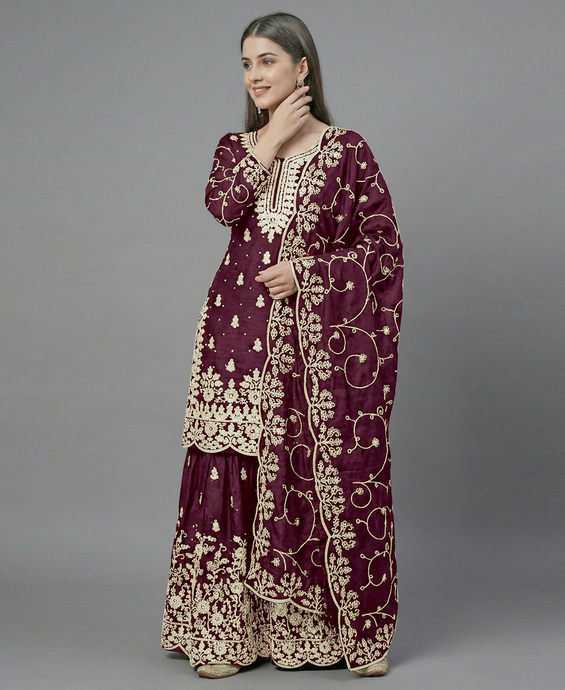 Teeya Creation Womens New Trendy Pure Gmy Silk With Heavy Embroidery Sequence Work Purple Kurta Set - Dista