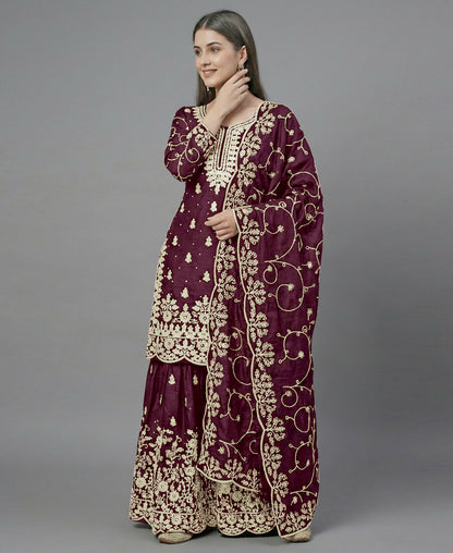 Teeya Creation Womens New Trendy Pure Gmy Silk With Heavy Embroidery Sequence Work Purple Kurta Set - Dista