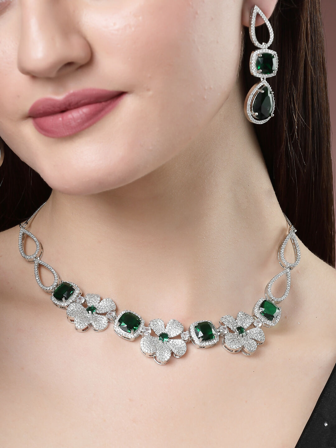 NVR Women's Green & Silver-Plated American Diamond Handcrafted Jewellery Set - Distacart