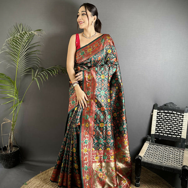 Joban Fashion Dark Green Banarasi Soft Silk Woven Saree