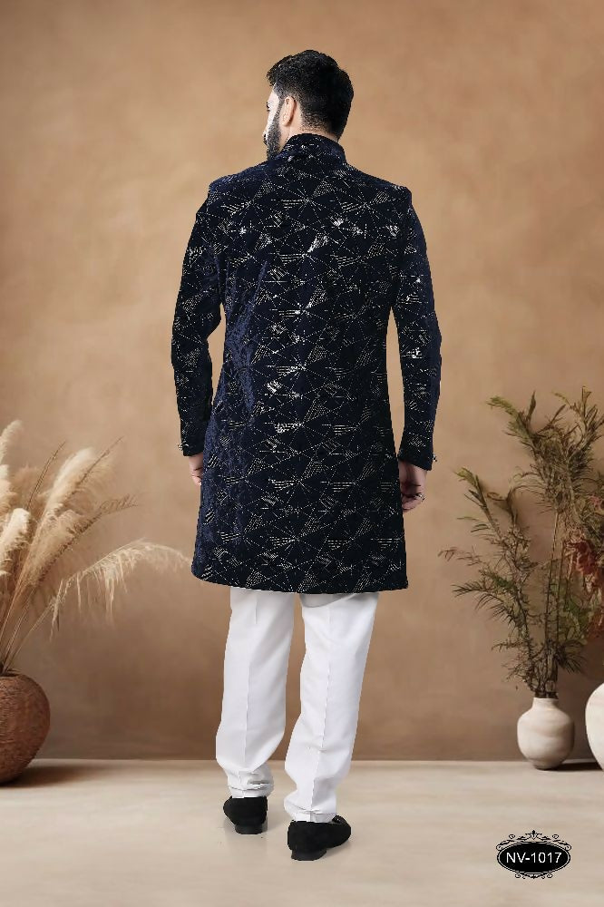 Joban Fashion Men's Blue Straight Velvet Thread & Sequence Embroidery All Over Indo-Western Kurta Set - Distacart