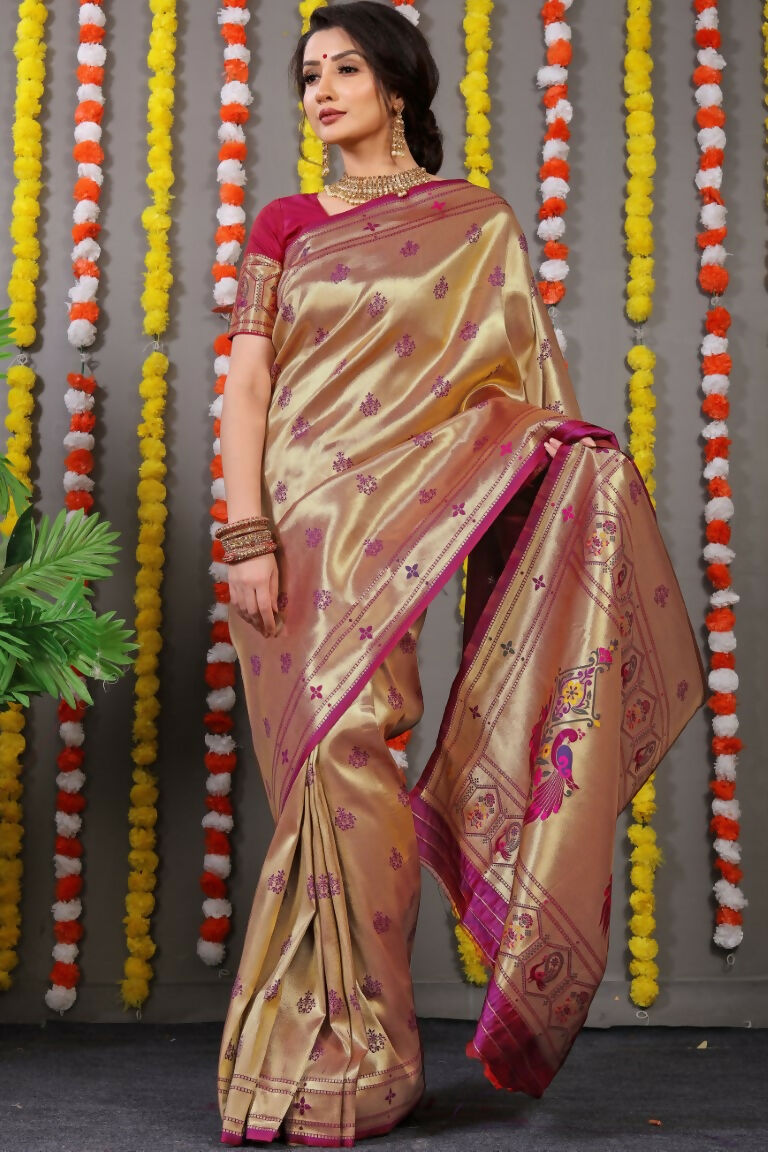 Jyoti Fashion Women's Wine Paithani Silk Zari Woven Saree with Blouse - Distacart