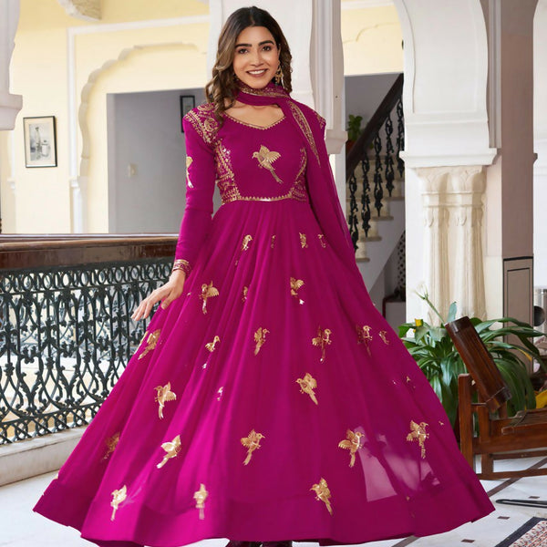 The52 Women's Gorgeous Faux Georgette Fabric Embroidery Work Flared Anarkali Pant and Dupatta Set - Distacart