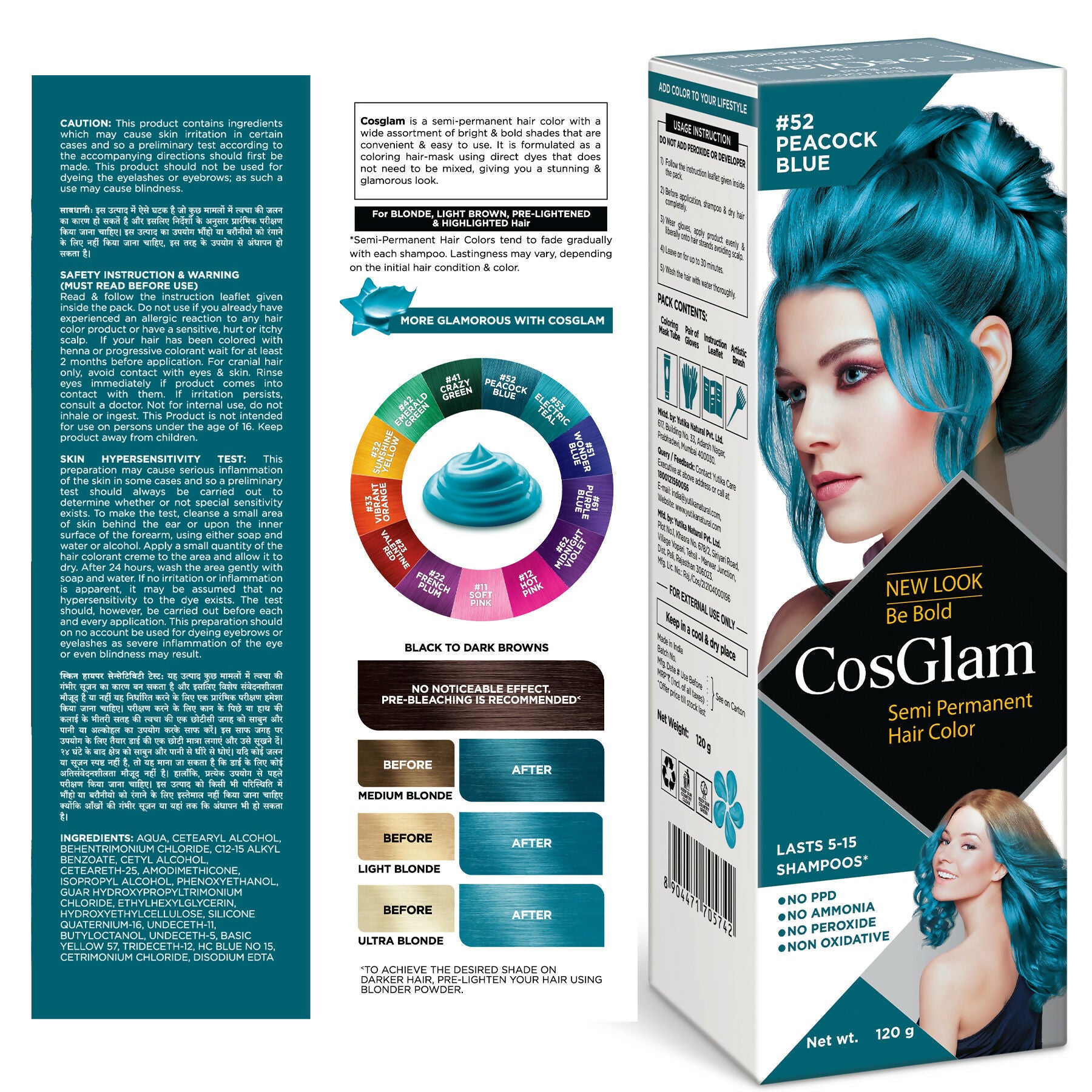 Cosglam Semi Permanent Hair Color for Women & Men (#52 Peacock Blue) - Distacart