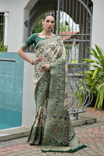 Thumbnail for Vishnu Weaves Women's Green Banarasi Silk Patola Zari Woven Saree with Blouse