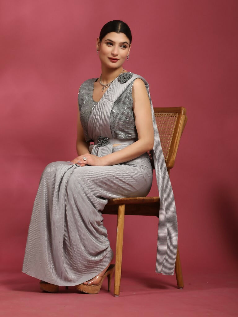 Grey Imported Crush Lycra Texture Pattern Ready to Wear Saree with stitched Blouse - Nirvana - Distacart