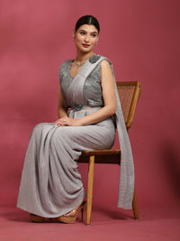 Thumbnail for Grey Imported Crush Lycra Texture Pattern Ready to Wear Saree with stitched Blouse - Nirvana - Distacart