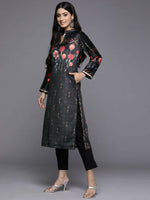 Thumbnail for Ahalyaa Women Black & Red Floral Printed Gotta Patti Floral Velvet Kurta - Distacart