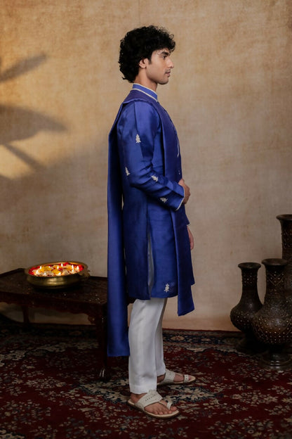 Falling Raw Silk Dark Blue Silver Stitches Kurta Set By Hilo Design - Distacart