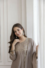 Thumbnail for The52 Chiku Women's Beautiful Vichitra Silk Fabric Embroidered Work Flared Anarkali Pant and Dupatta Set