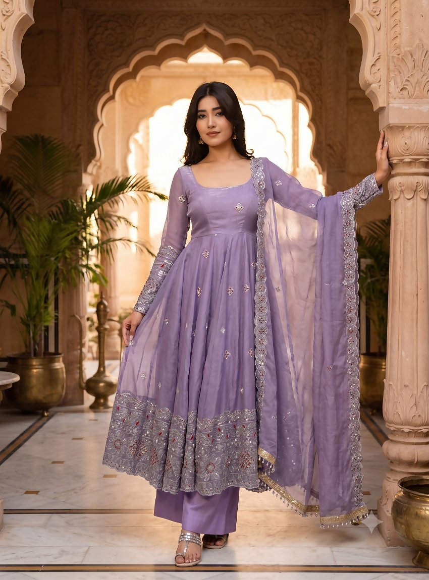 Teeya Creation Designer Lavender Ethnic Suit Set With Heavy Embroidery And Dupatta - Dista