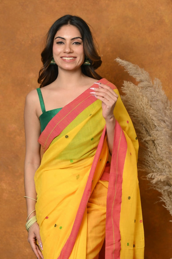 Very Much Indian Handloom Pure Cotton Saree With Sleek Border - Yellow - Distacart
