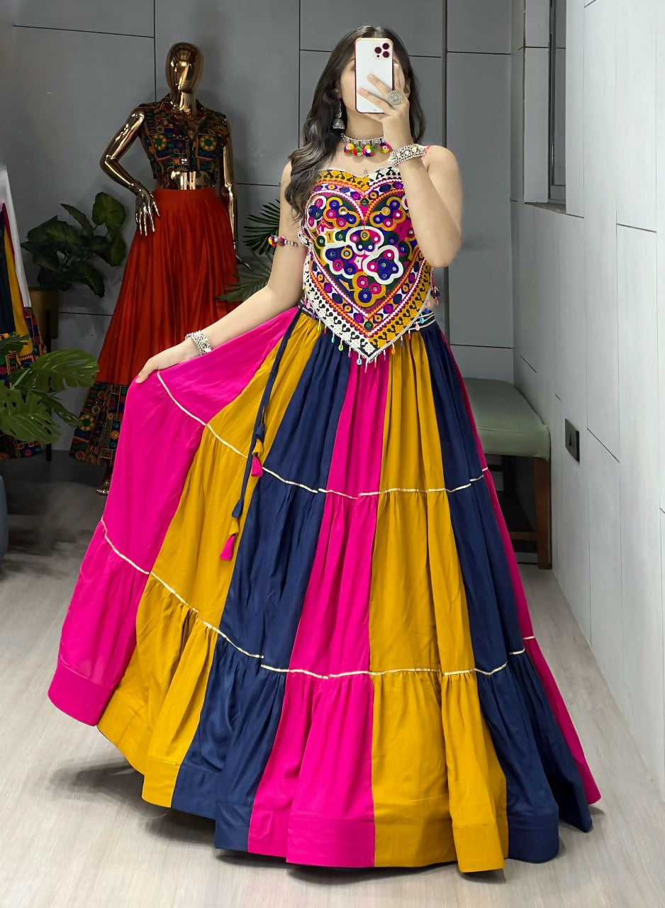 Yash Enterprise Multi Color Rayon Cotton Embroidery Semi Stitched Navratri Top Chaniya Choli - Dista