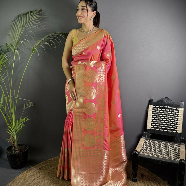 Joban Fashion Light Pink Banarasi Soft Lichi Silk Paisley Saree