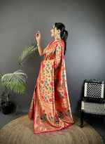 Thumbnail for Joban Fashion Pastel Red Mughal-Inspired Motifs Soft Silk Paithani Saree - Distacart