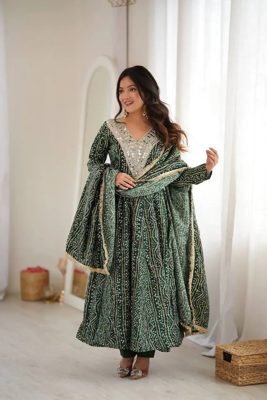 Teeya Creation Bottle Green Bandhani Print Anarkali Suit with Mirror Work Neck and Dupatta Set