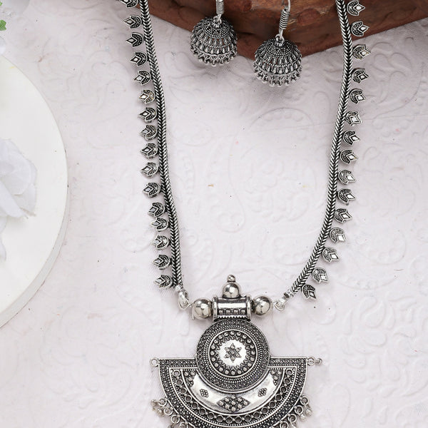 NVR Women's Silver-Toned German Silver Oxidised Necklace with Jhumka Earrings - Distacart