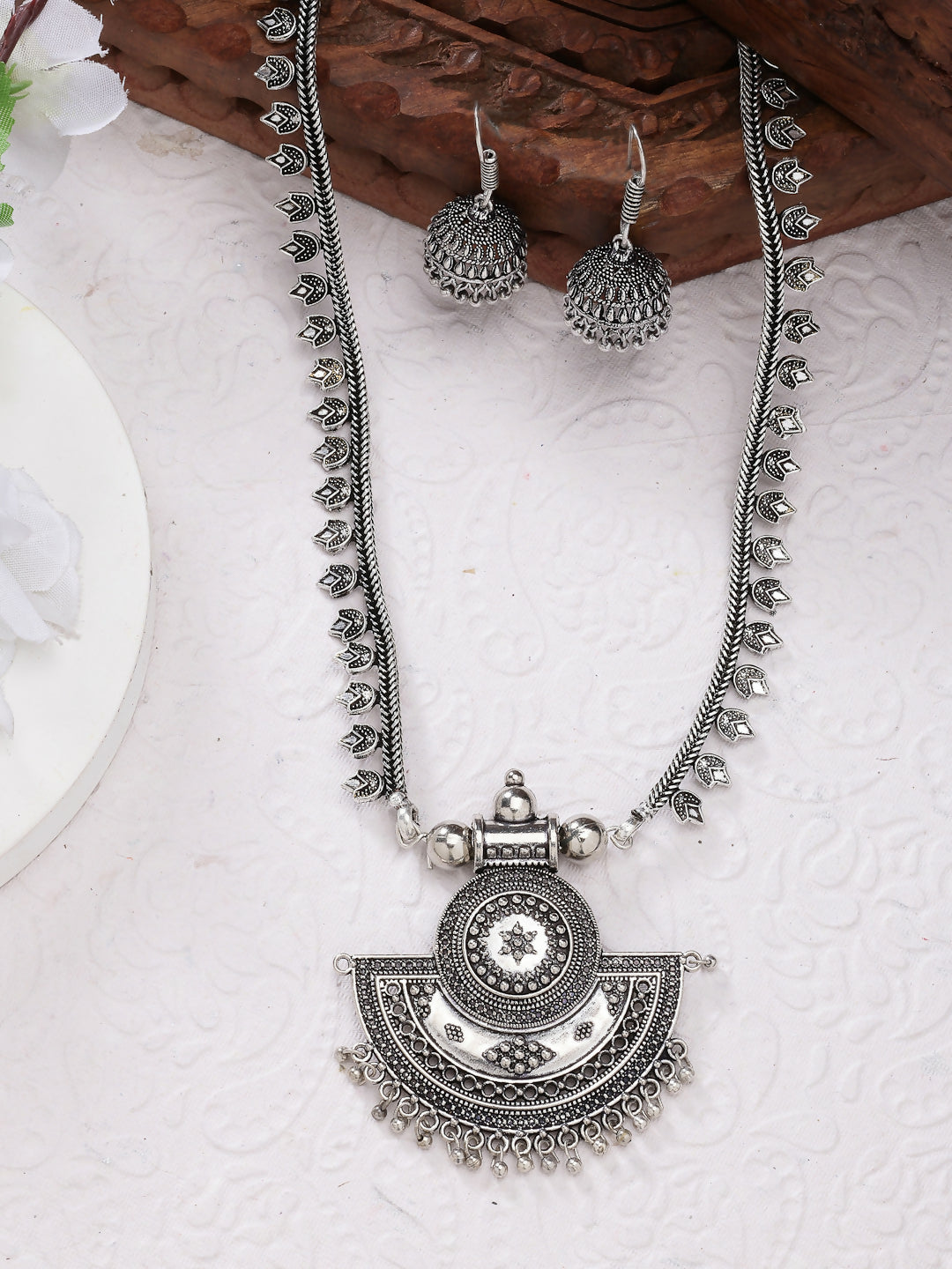NVR Women's Silver-Toned German Silver Oxidised Necklace with Jhumka Earrings - Distacart