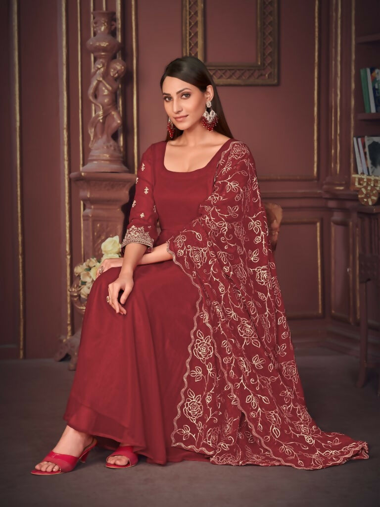 Jyoti Fashion Women's Maroon Georgette Embroidered Anarkali Kurta Pant Set With Dupatta - Distacart