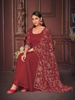 Thumbnail for Jyoti Fashion Women's Maroon Georgette Embroidered Anarkali Kurta Pant Set With Dupatta - Distacart