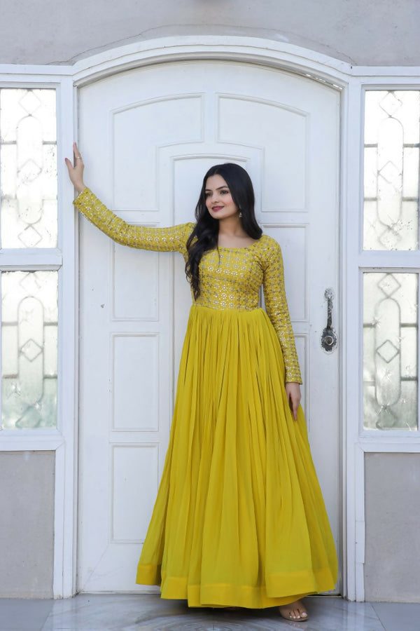 Jyoti Fashion Women's Yellow Sequence Zari Embroidered Faux Blooming Anarkali Dress - Distacart