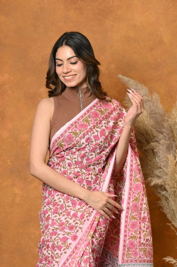 Very Much Indian Pure Cotton Handblock Printed Saree - Light Pink - Distacart